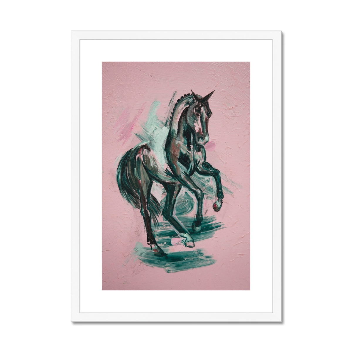 Black horse painting on pink background framed & mounted with a white frame