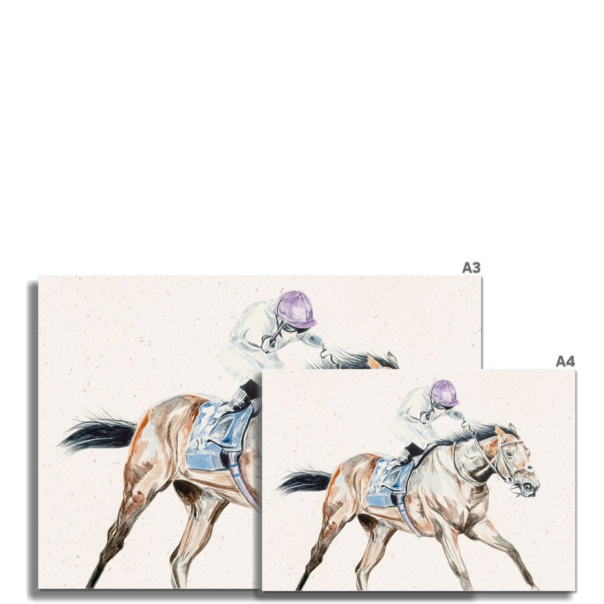 two different sizes of Racehorse in race with jockey watercolour painting print