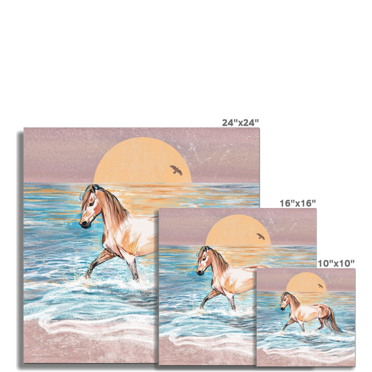 3 different sizes of Watercolour horse trotting through the sea at sunrise hahnemuhle german etching print