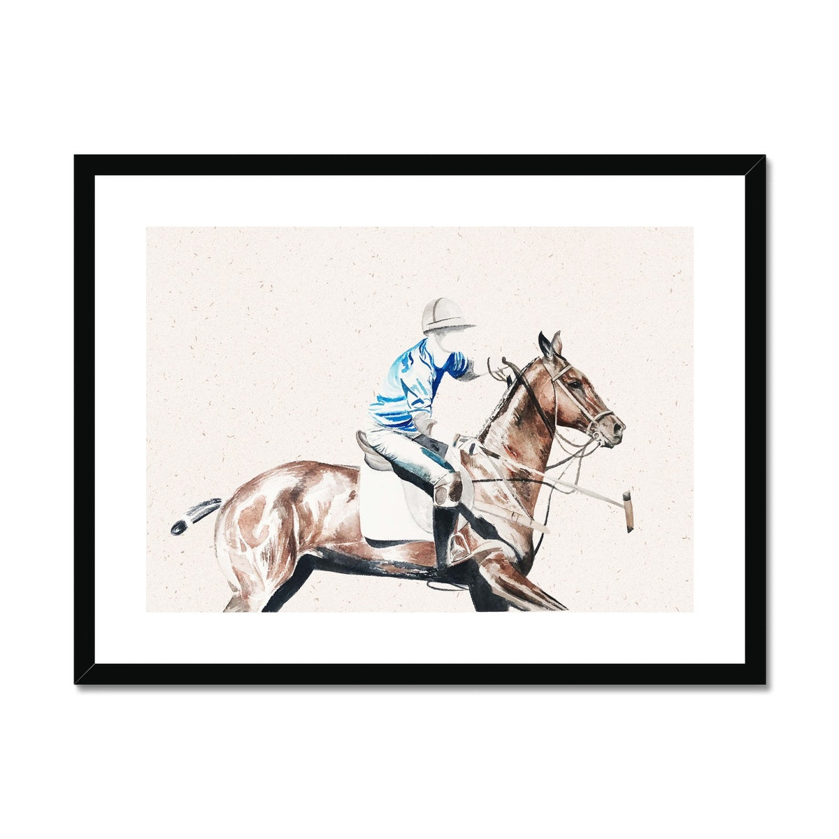 Framed and mounted watercolour print of pop player and horse playing polo, with black frame