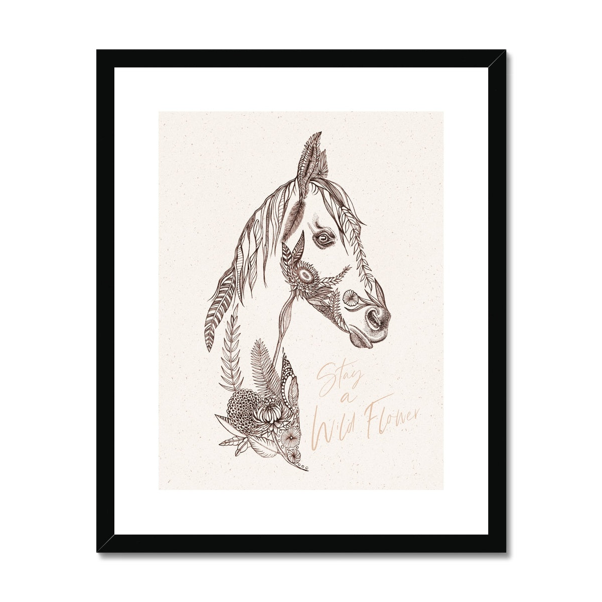 Framed and mounted print of horse head using floral sketches, 'Stay a wild flower' with black frame