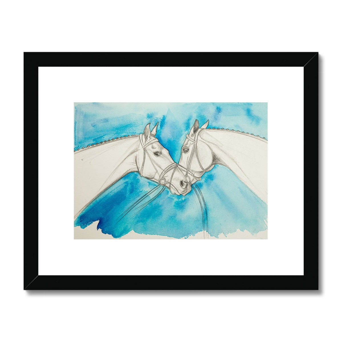 Two racehorses chatting sketch with a blue background, framed and mounted with a black frame