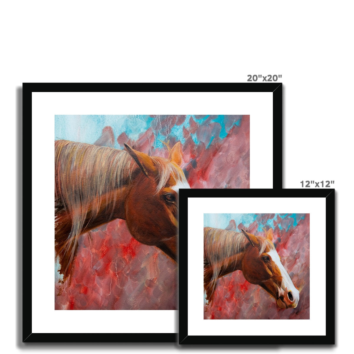 2 different sizes of Oil painting with coloured background, framed & mounted with black frame