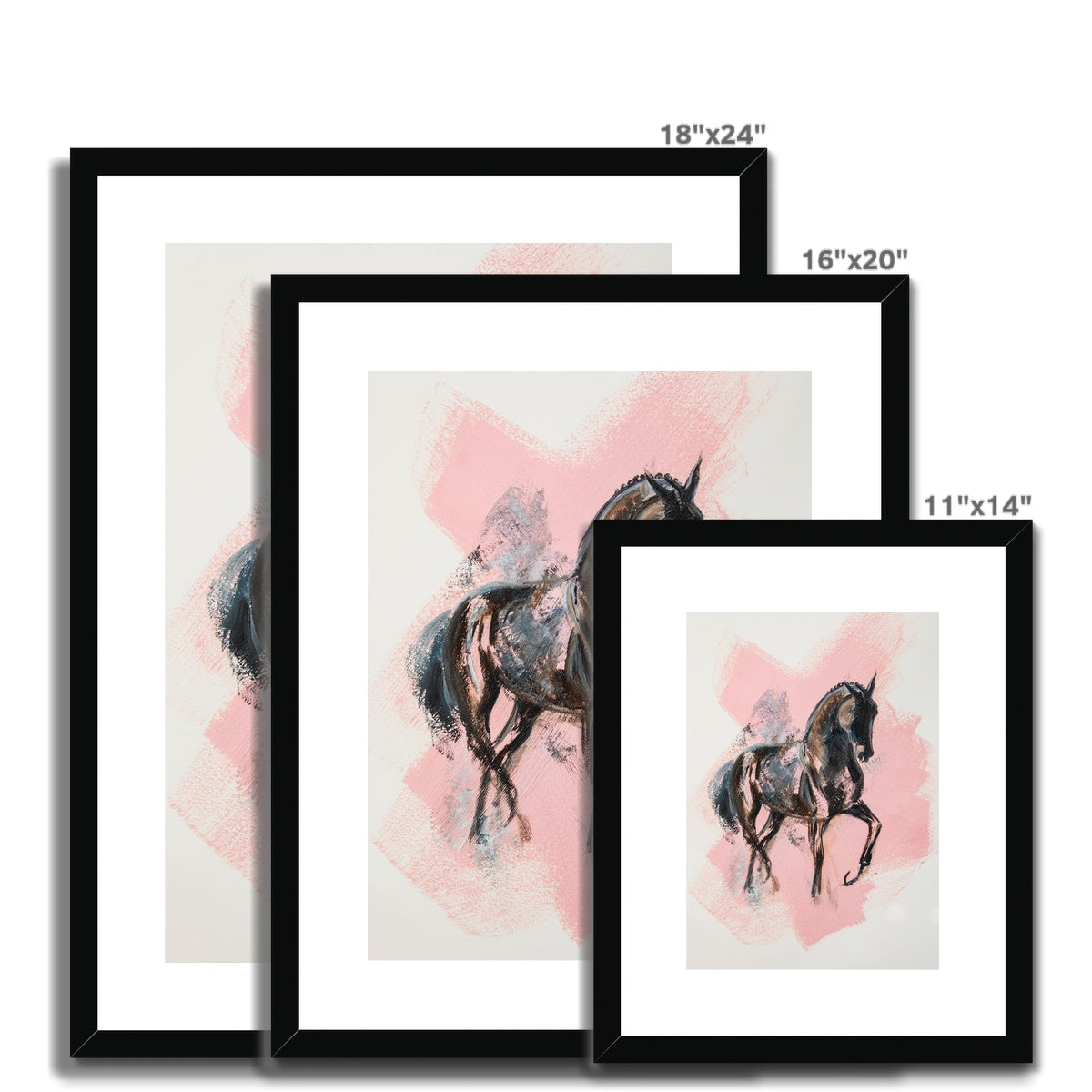 3 different sizes of Black horse painted on a pink splash framed and mounted with a black frame