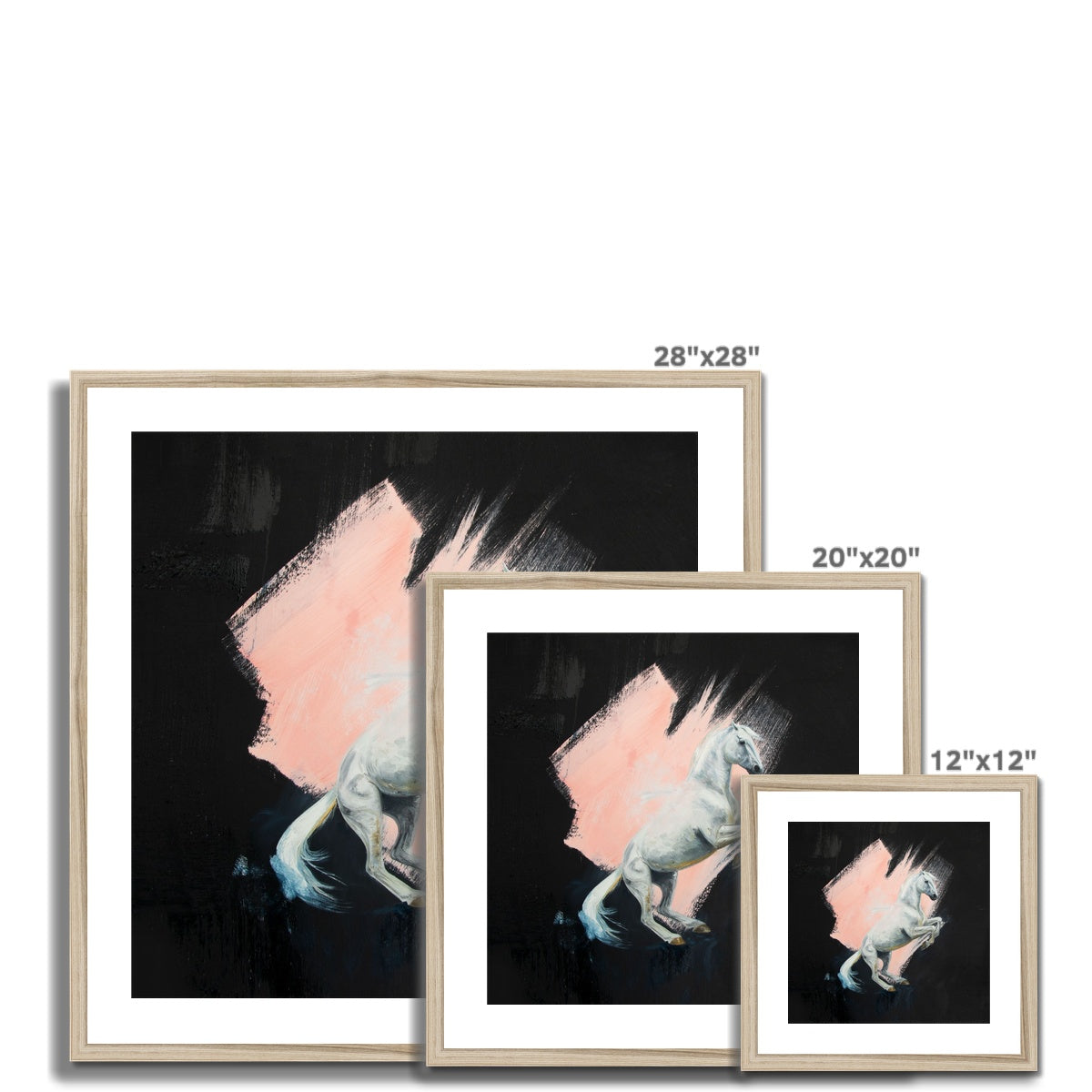 3 different sizes of Beautiful rearing white horse with pink splash against a black background, framed and mounted print with a wood look frame