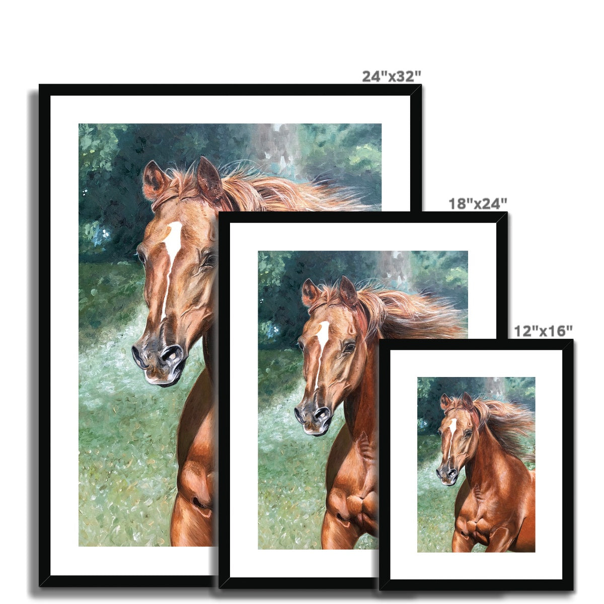 3 different sizes of Arabian horse painting framed & mounted print with white boarder and black frame