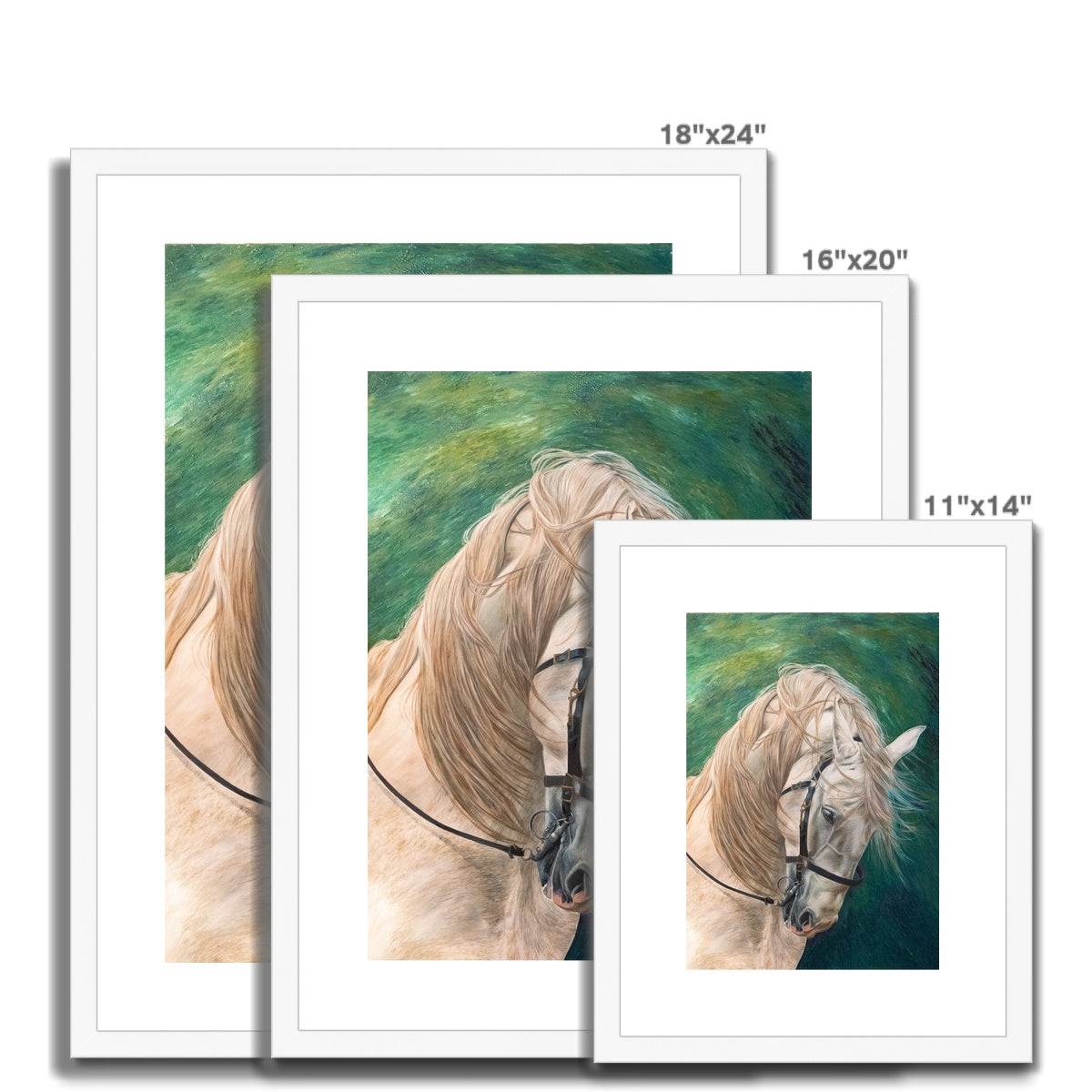 3 sizes of Grey horse on green background with white background