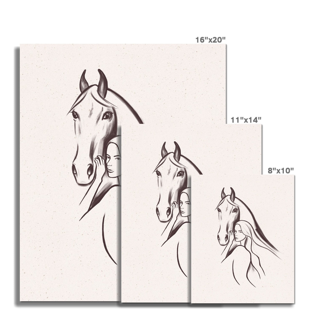 3 different sizes of simplistic line art drawing of woman and a horse hahnemuhle german etching print