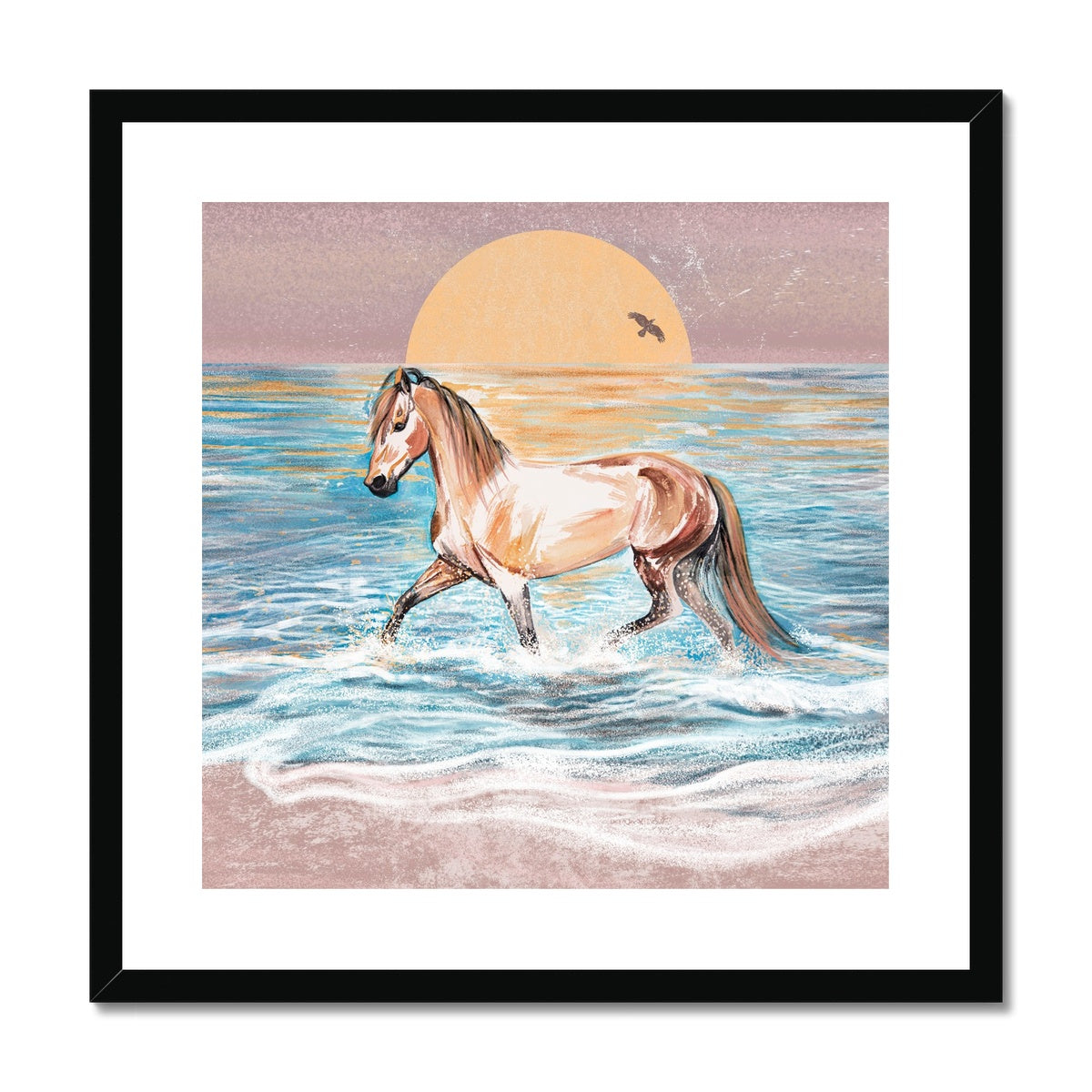 Watercolour painting of horse at sunrise in the sea framed and mounted print with black frame