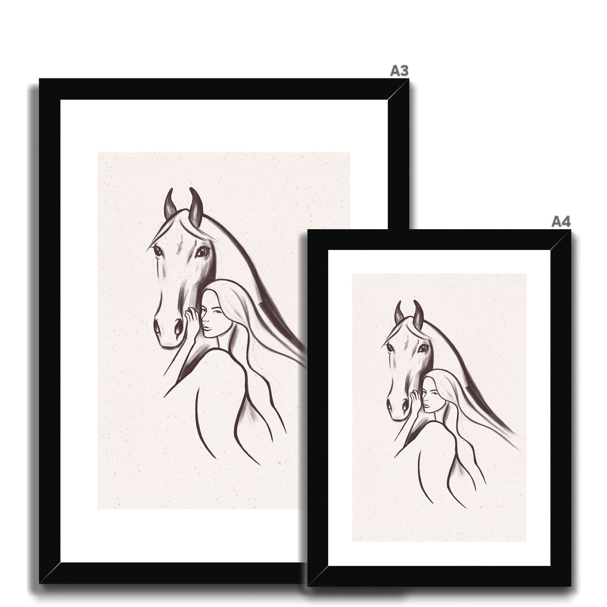 two different sizes, A4/A3 of Line drawing of woman and horse, simplistic artwork, frame and mounted with black frame