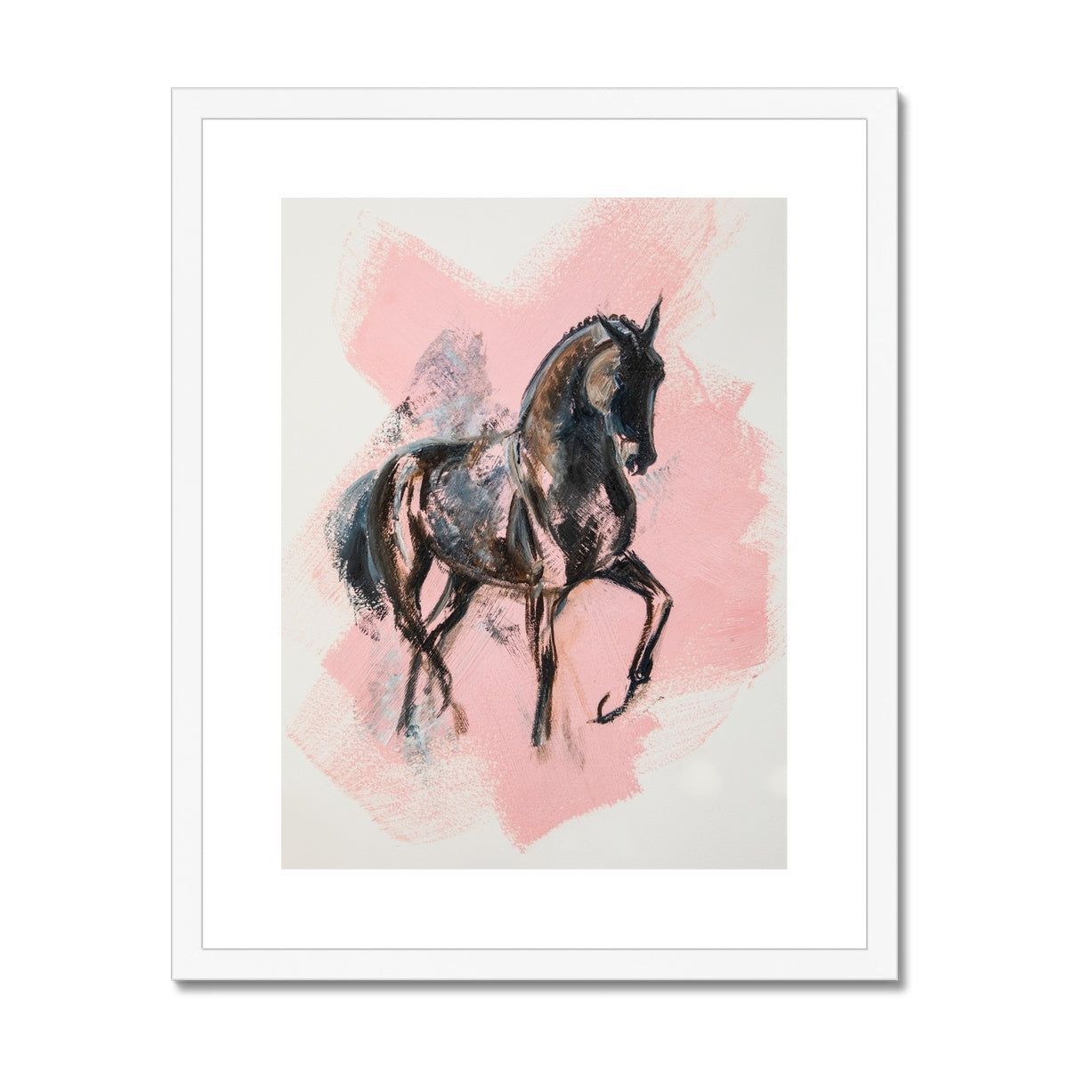 Black horse painted on a pink splash framed and mounted with a white frame