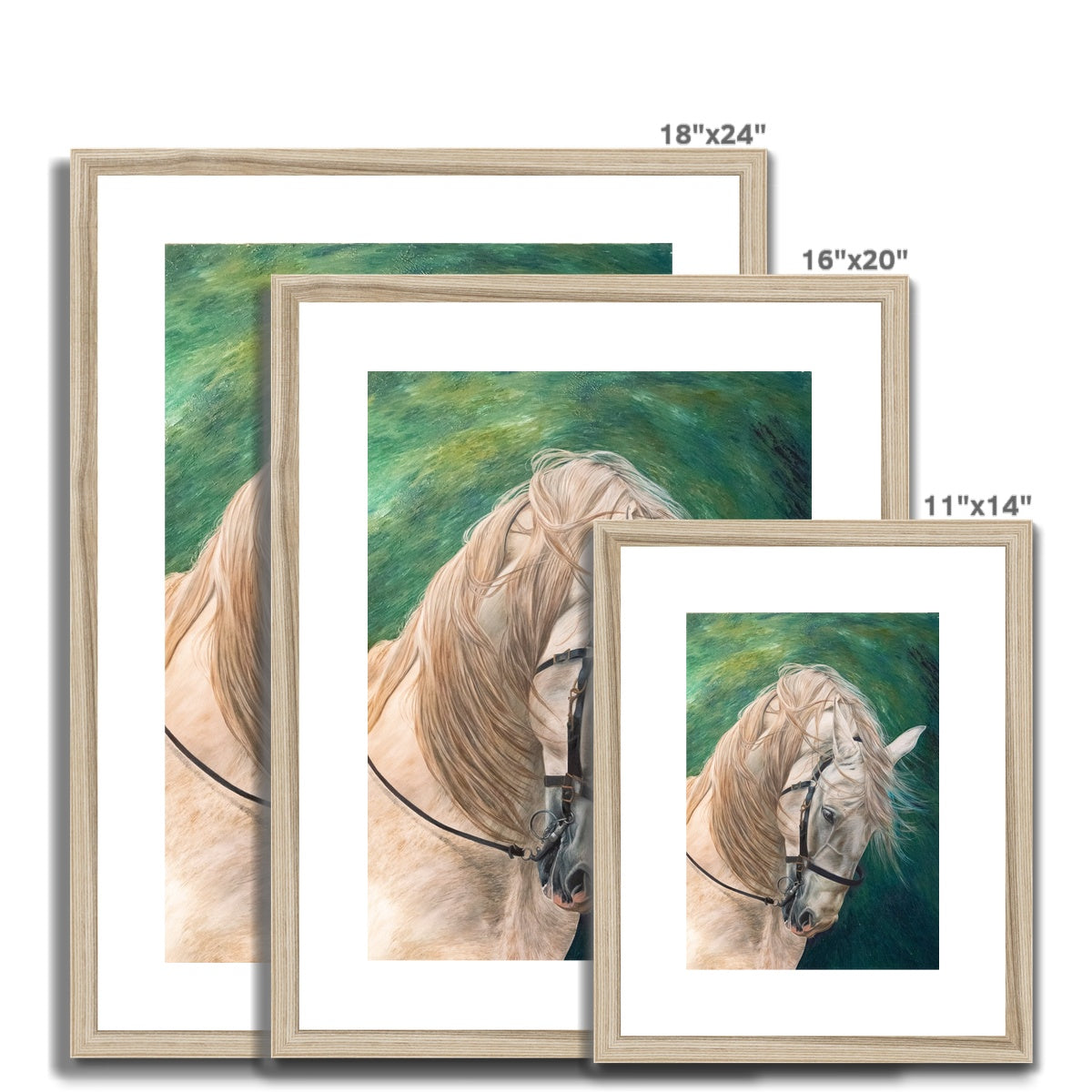 3 sizes of Grey horse on green background with wood look frame