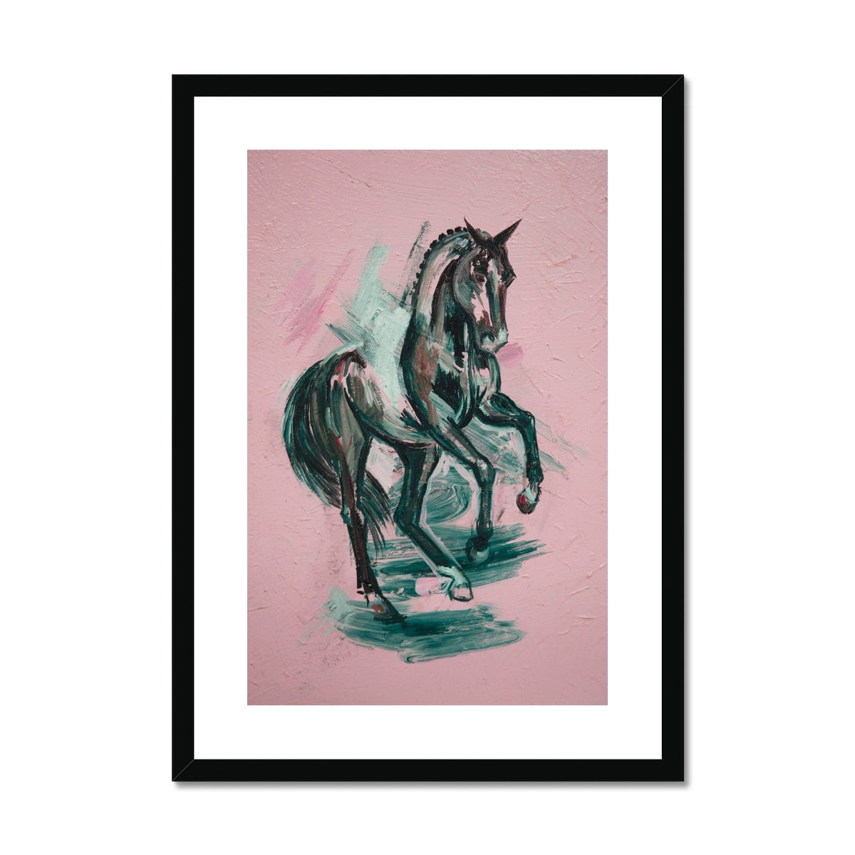 Black horse painting on pink background framed & mounted with a black frame