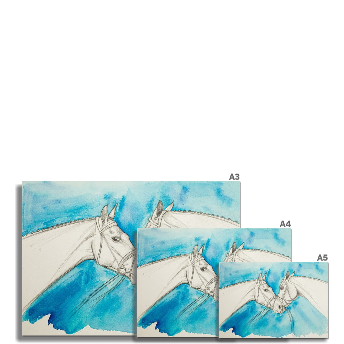 3 different sizes of Two racehorses chatting sketch with a blue background