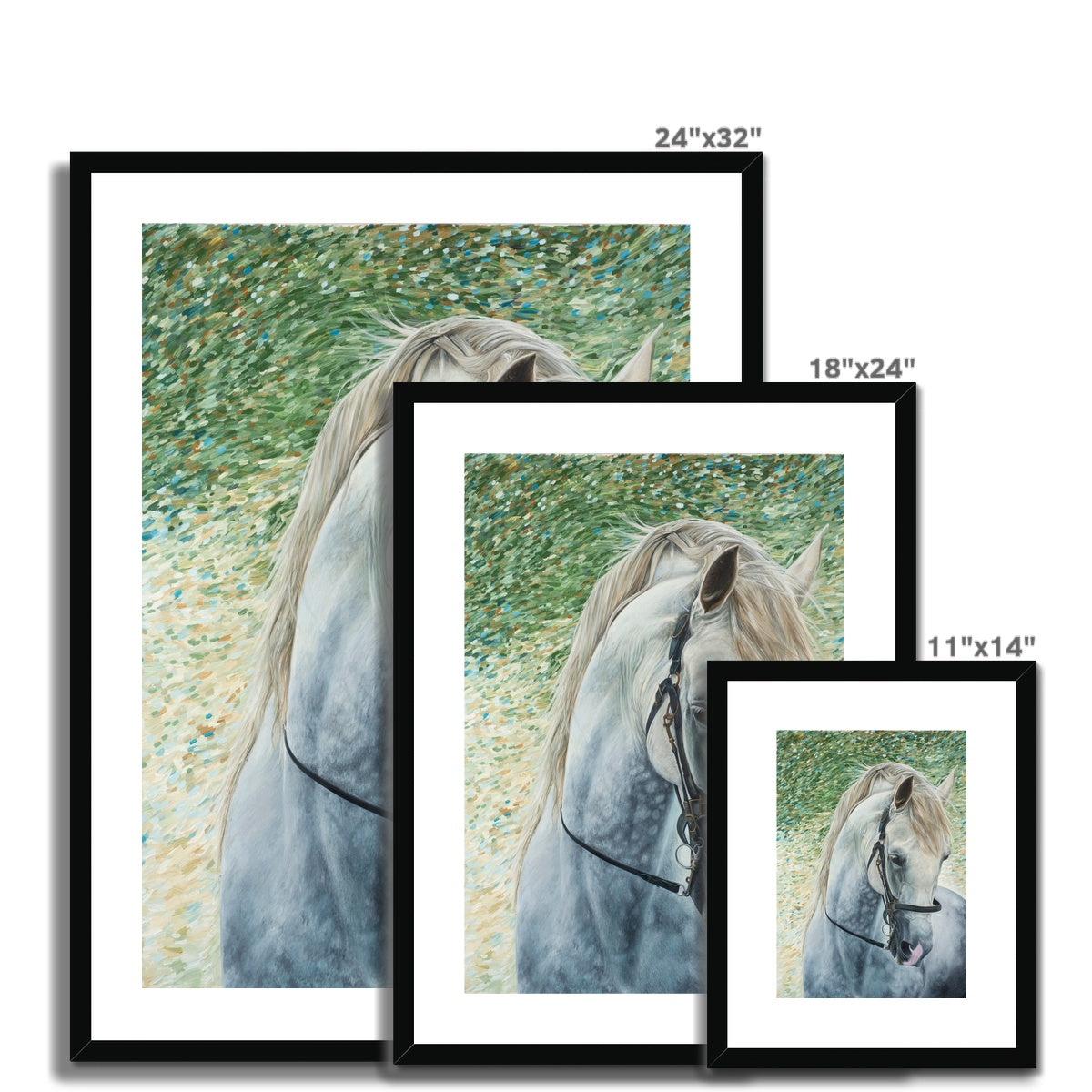 3 different sizes of White horse head wearing bridle portrait painting. Framed and mounted print with black frame