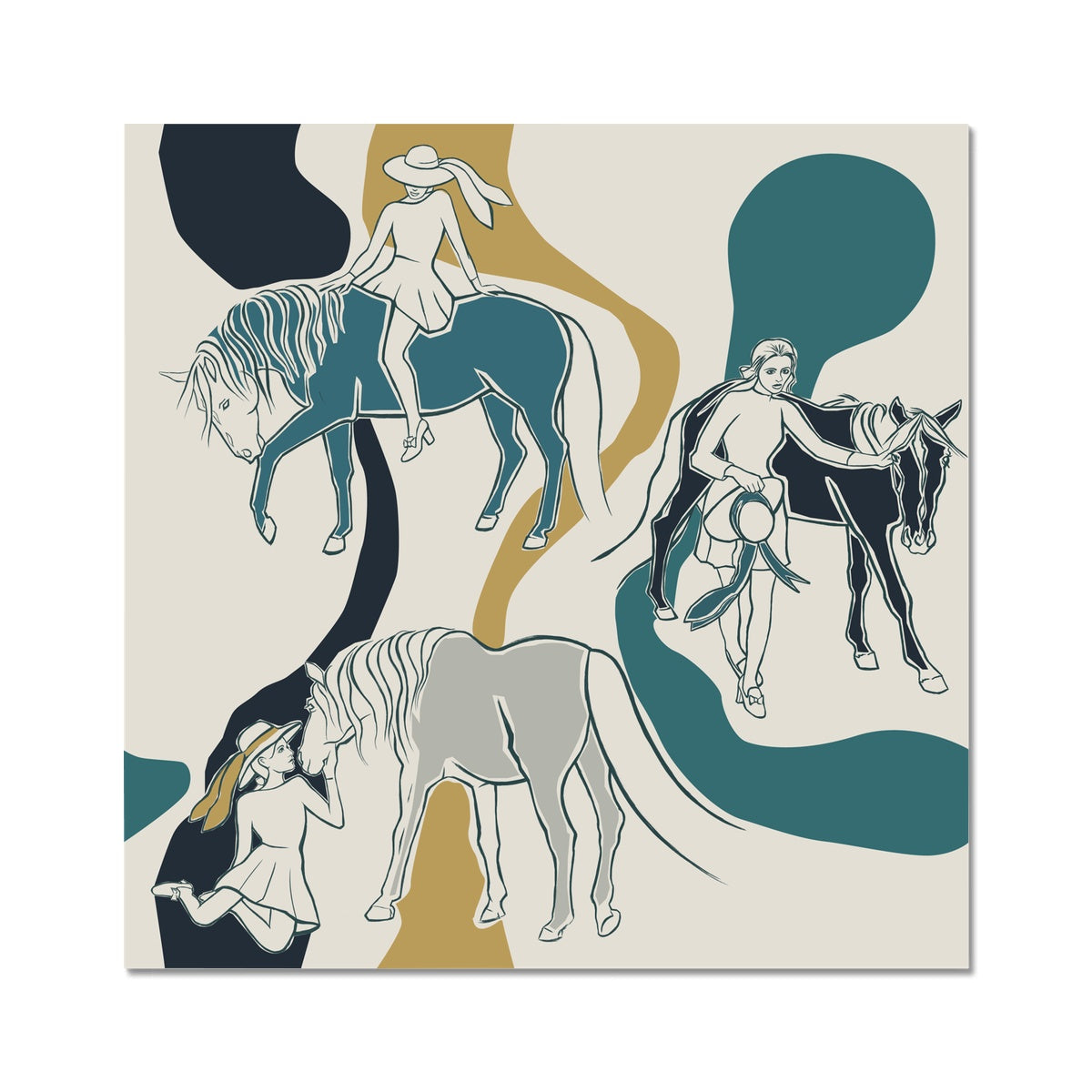 Abstract horse painting including 3 horses & women in different instances 