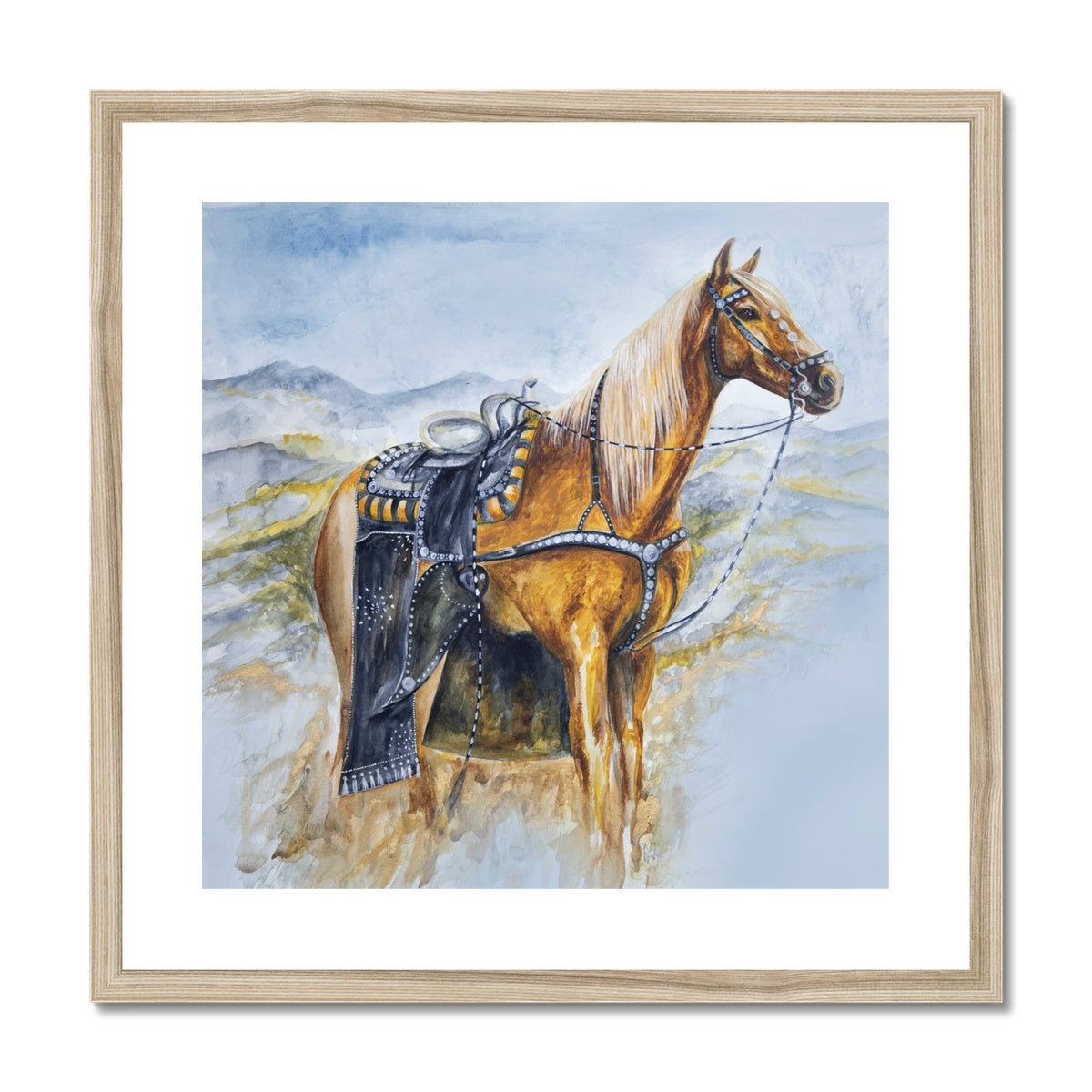 Western horse watercolour painting, framed and mounted print with wood look frame