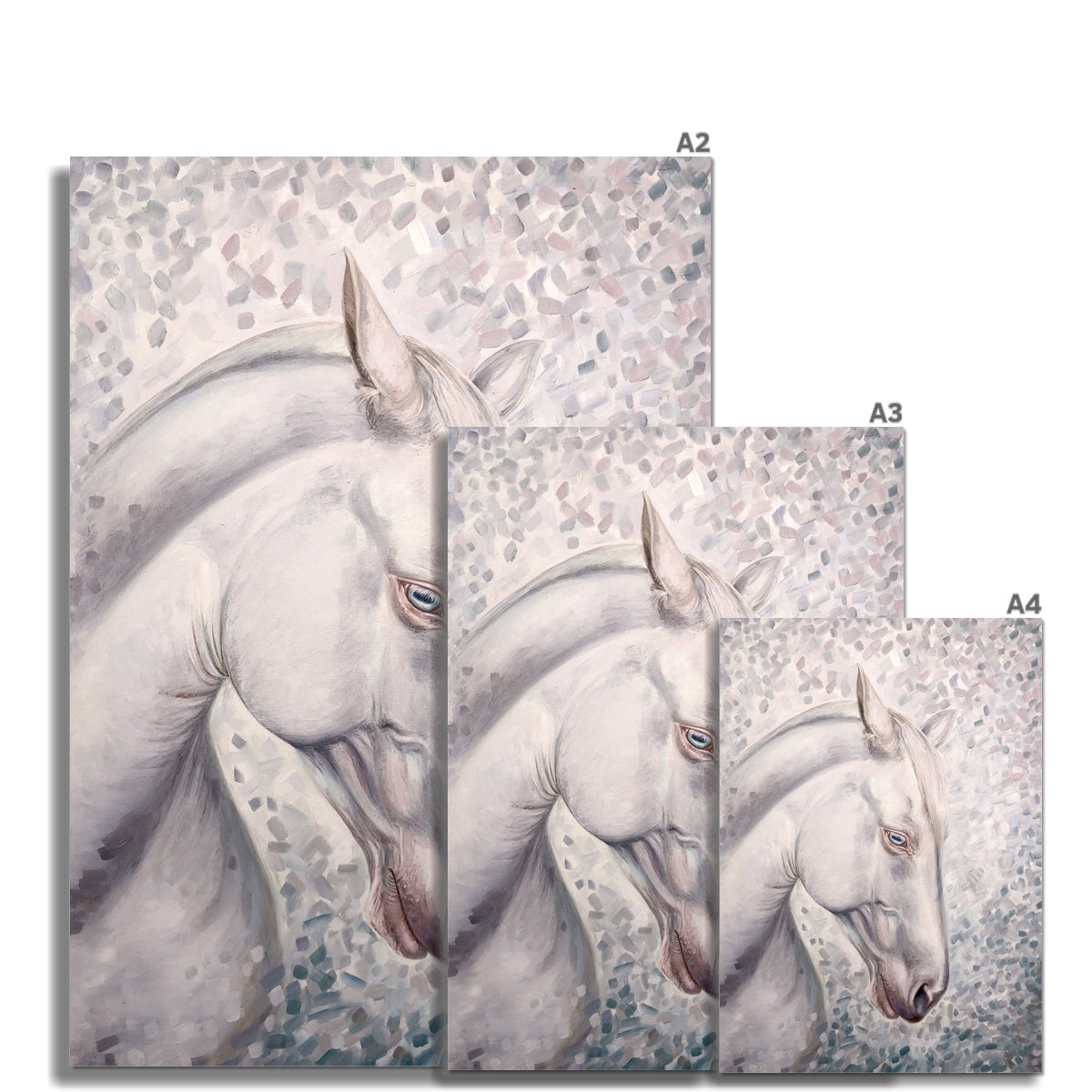 3 sizes of White horse head portrait oil painting print