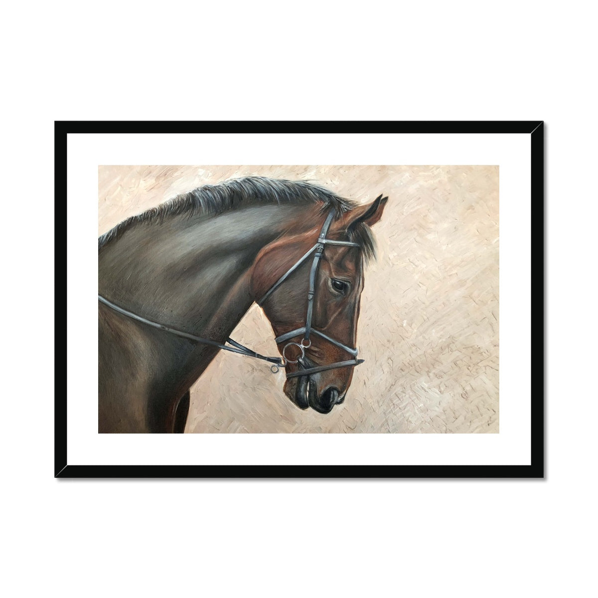 Bay horse head with bridle painting framed & mounted with black frame