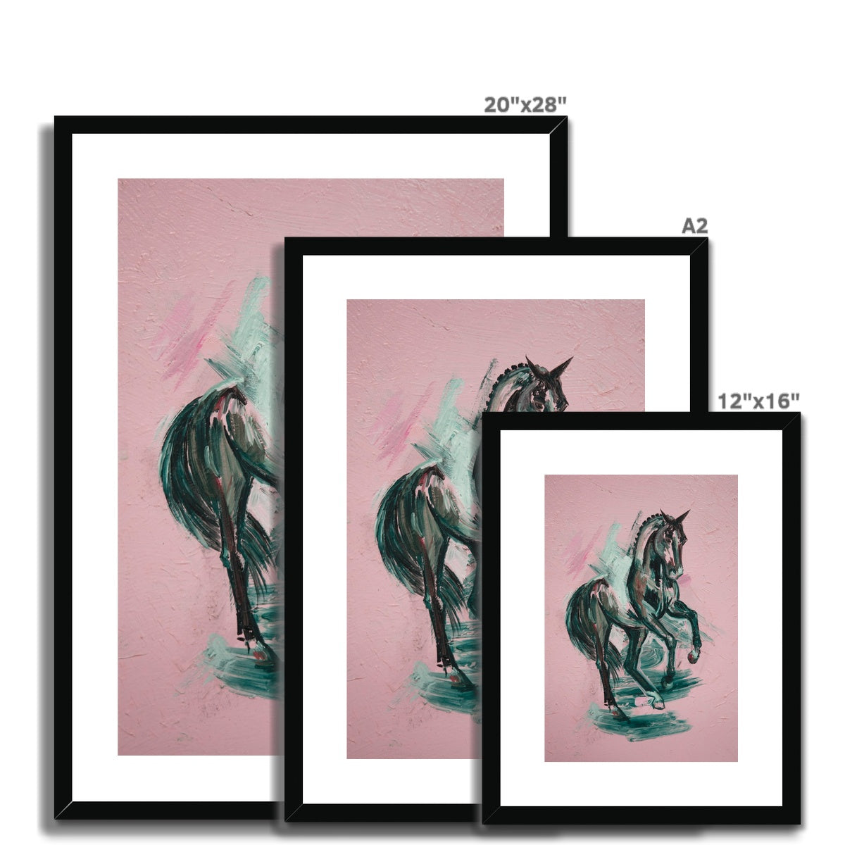 3 different sizes of Black horse painting on pink background framed & mounted with a black frame]