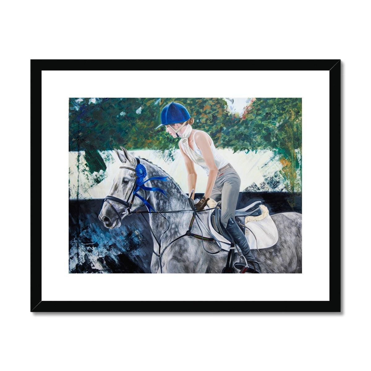 Grey showjumping horse with rider and blue ribbon with black frame