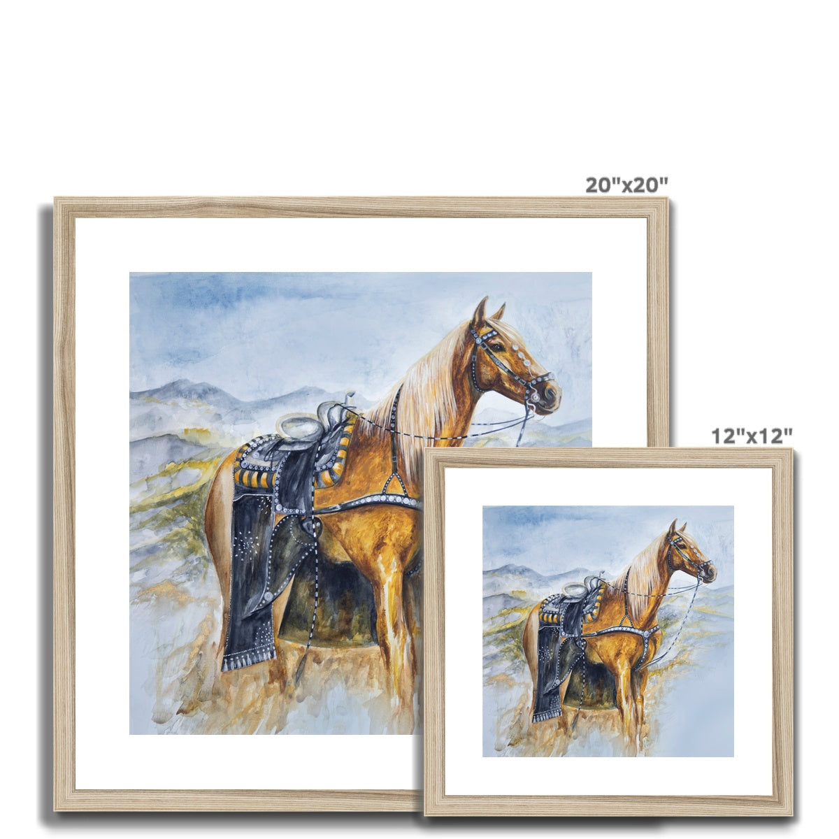 two different sizes of Western horse watercolour painting, framed and mounted print with wood look frame