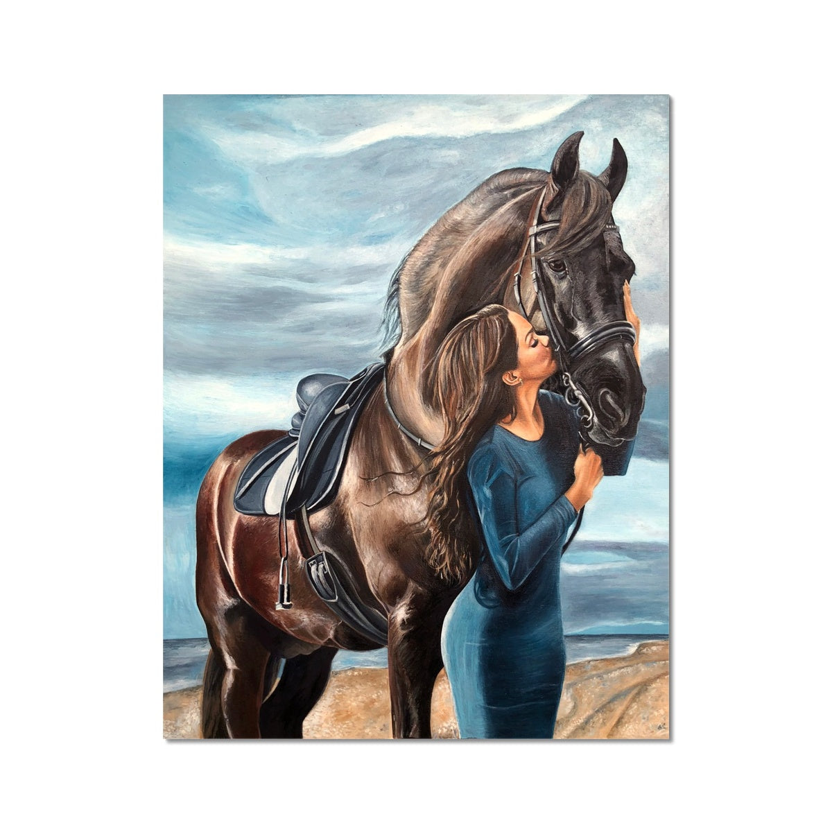 Horse and woman on the beach hair blowing in wind oil painting print