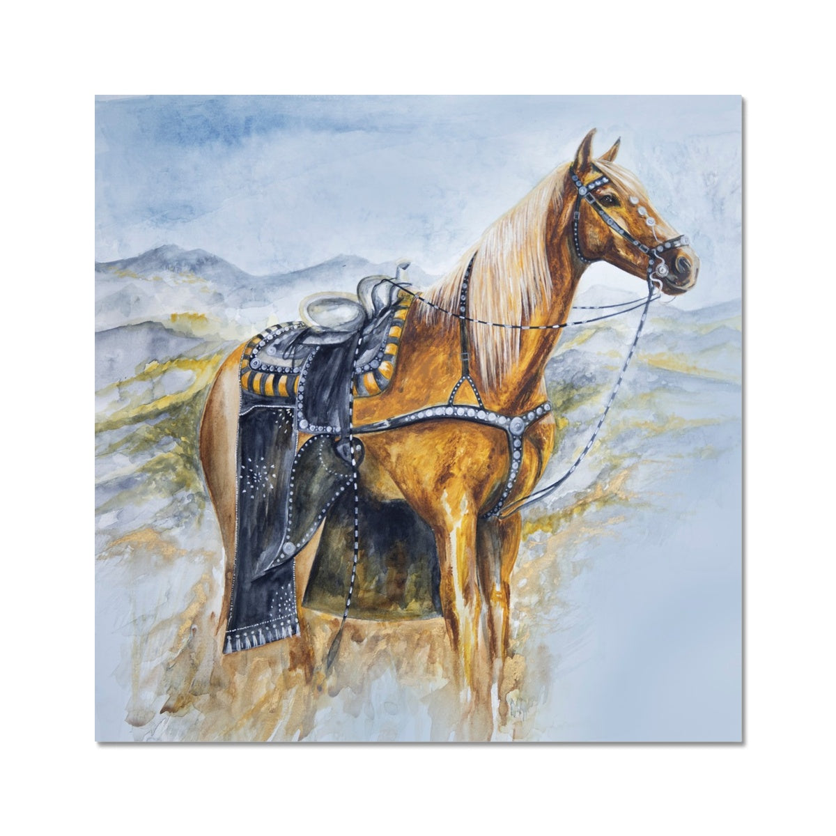 Western horse watercolour painting, palomino horse, western saddle on looking out