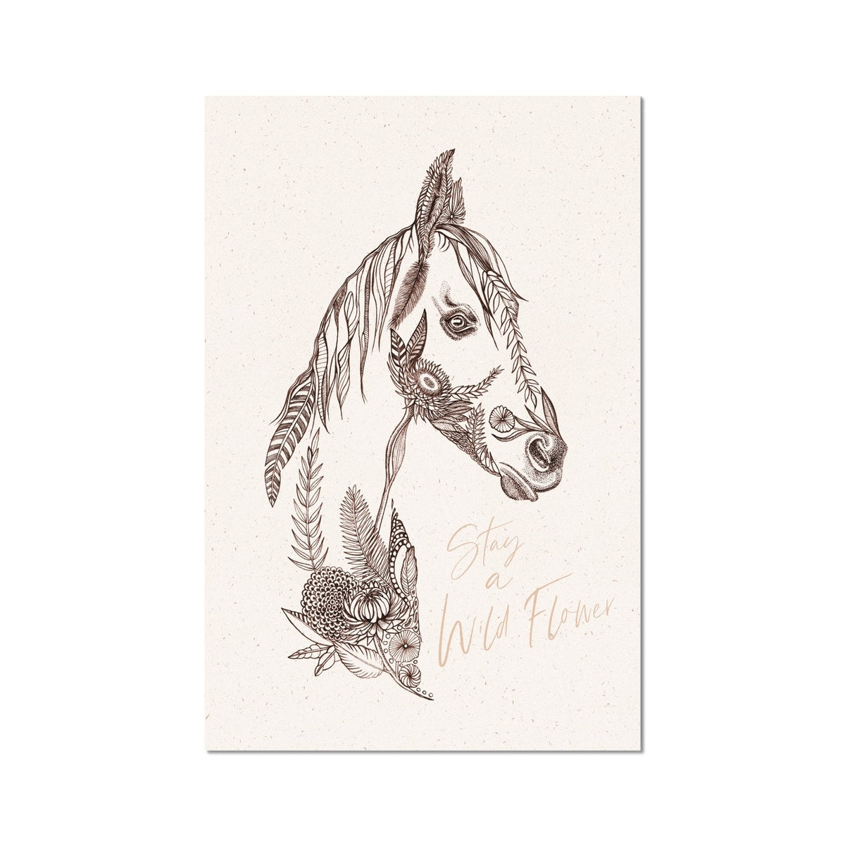 print of horse head using floral sketches, 'Stay a wild flower'