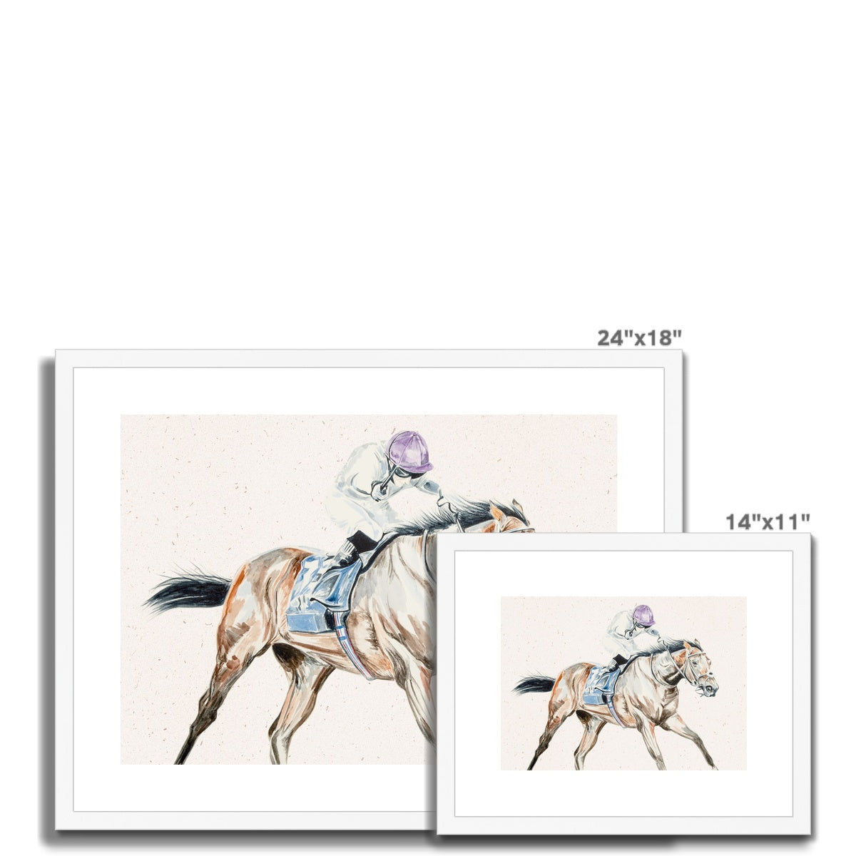 two different sizes of Racehorse in race with jockey watercolour painting framed and mounted print with white frame