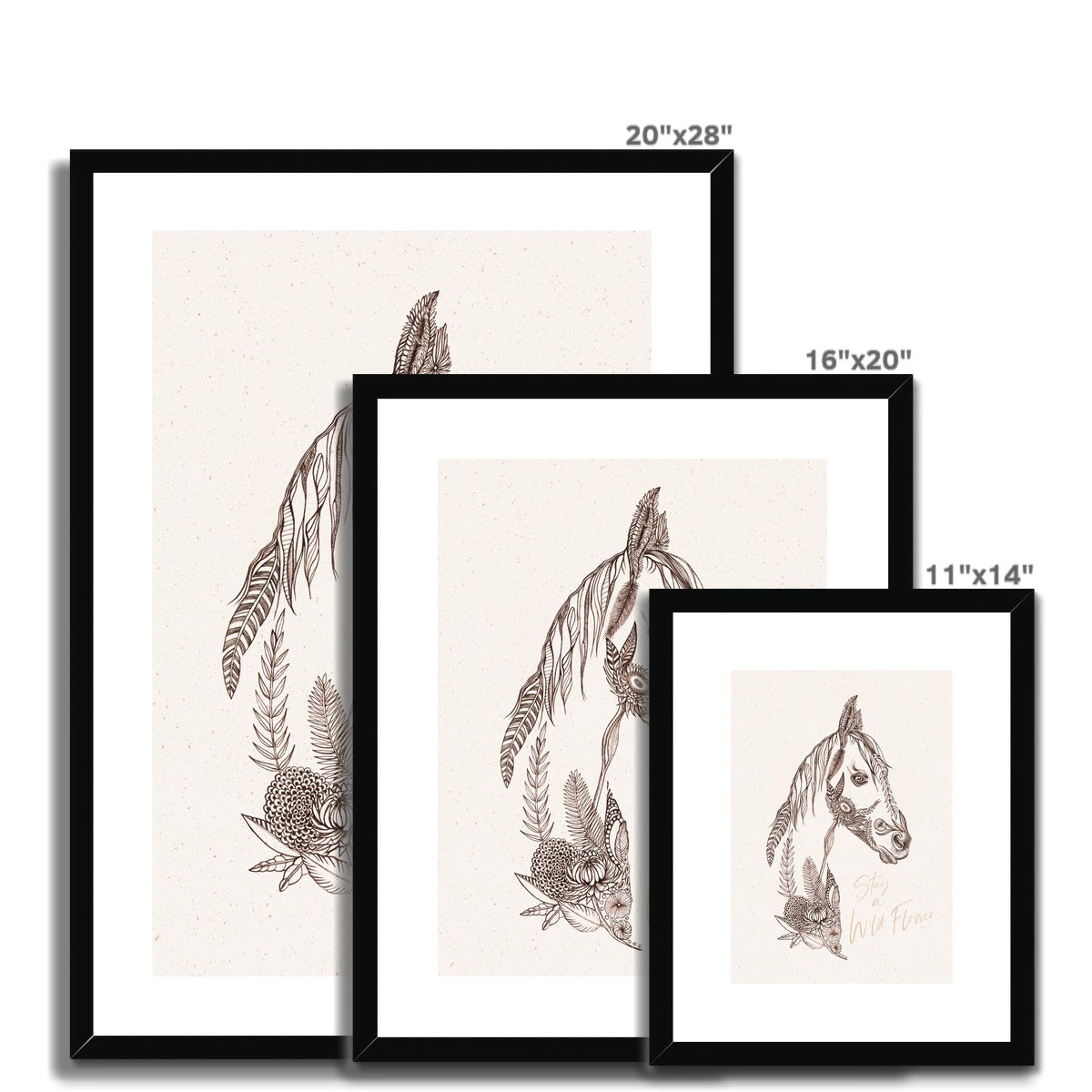 three different sizes of Framed and mounted print of horse head using floral sketches, 'Stay a wild flower' with black frame