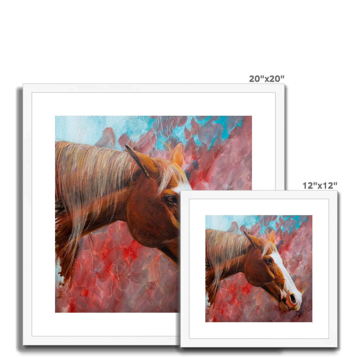 2 different sizes of Oil painting with coloured background, framed & mounted with white frame