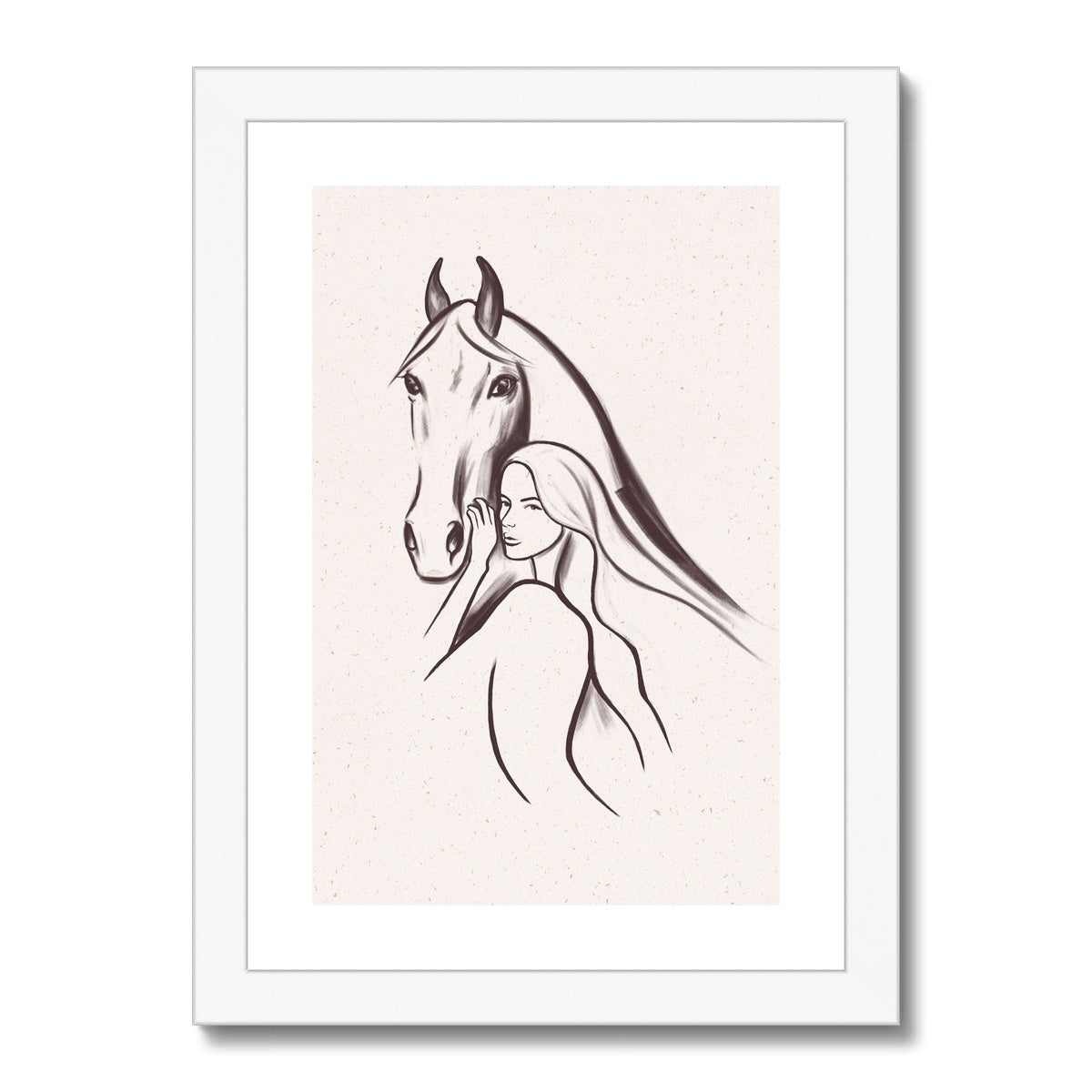 Line drawing of woman and horse, simplistic artwork, frame and mounted with white frame