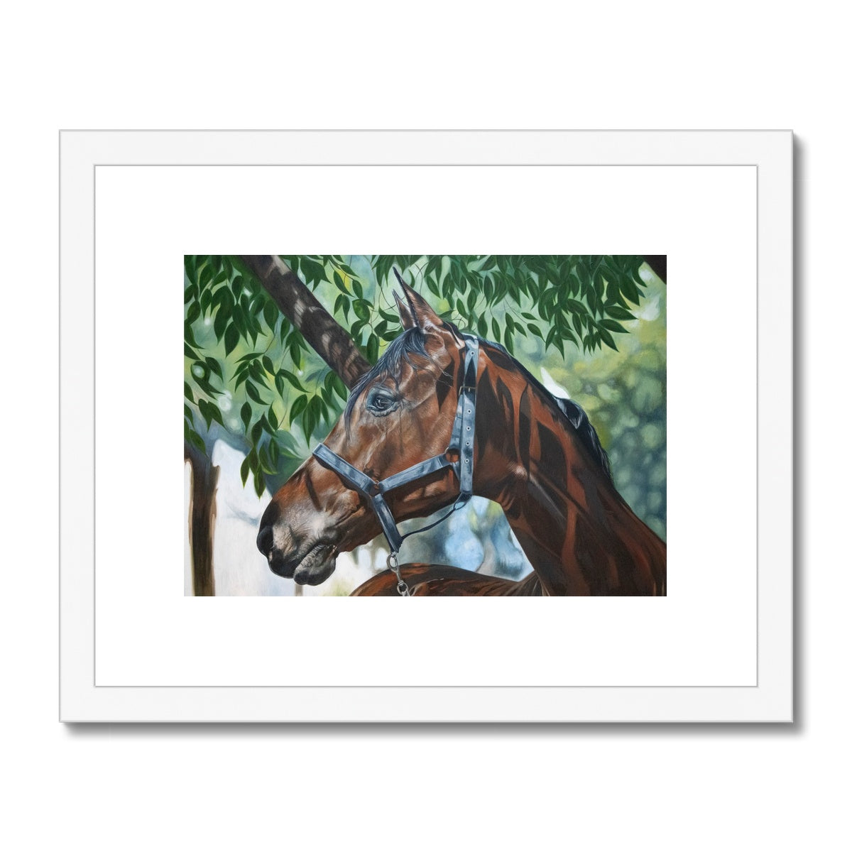 Bay horse painting under a tree, framed and mounted detailed print with white frame