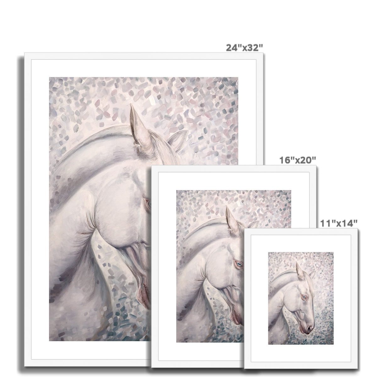 3 sizes of White horse head portrait oil painting framed and mounted with white frame