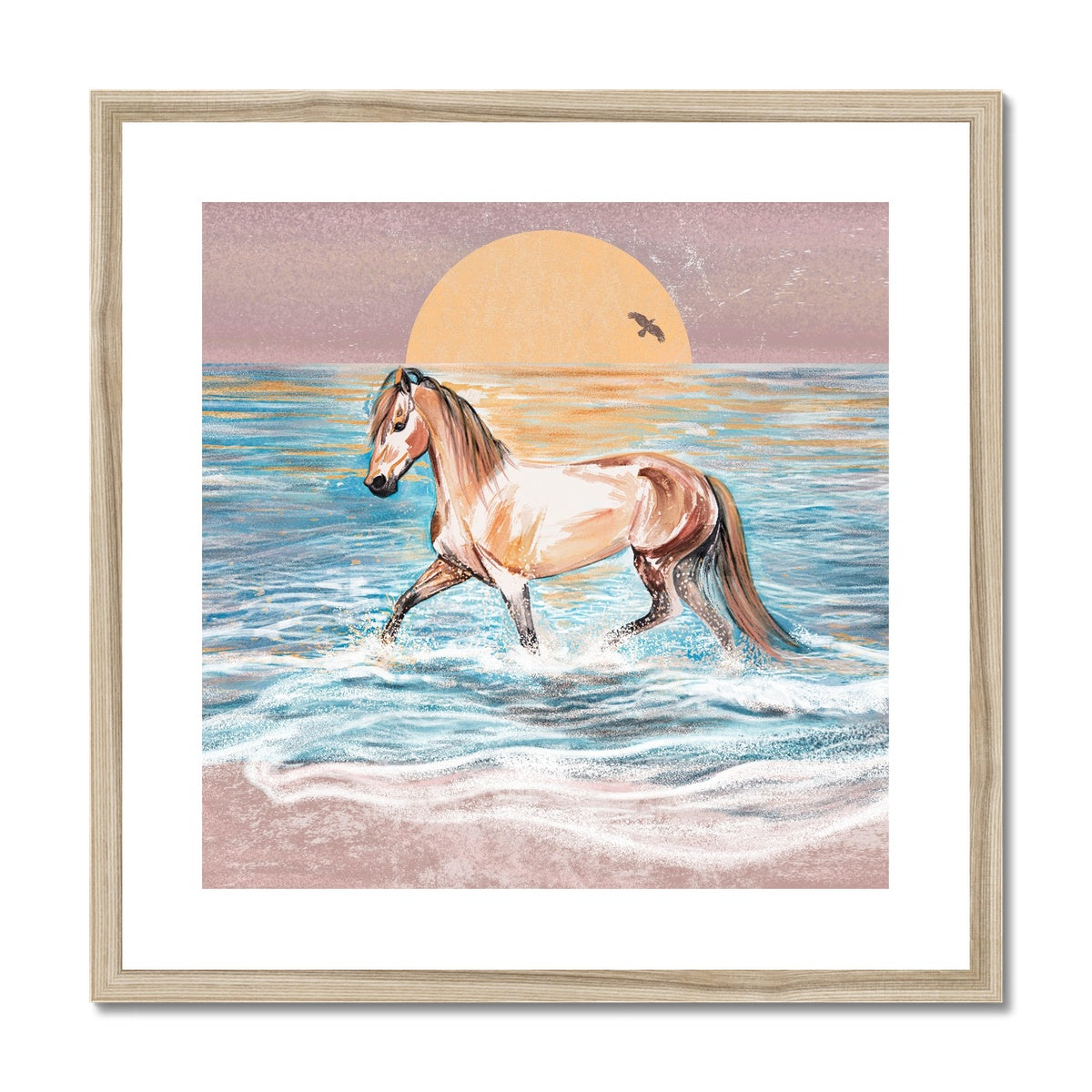 Watercolour painting of horse at sunrise in the sea framed and mounted print with wood look frame