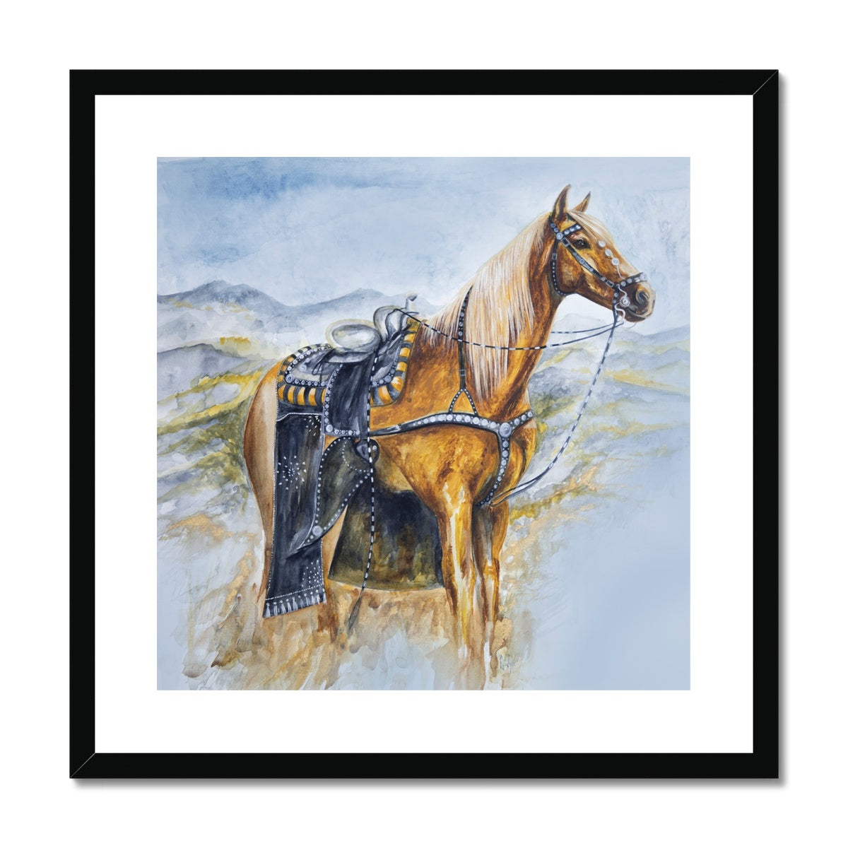 Western horse watercolour painting, framed and mounted print with black frame