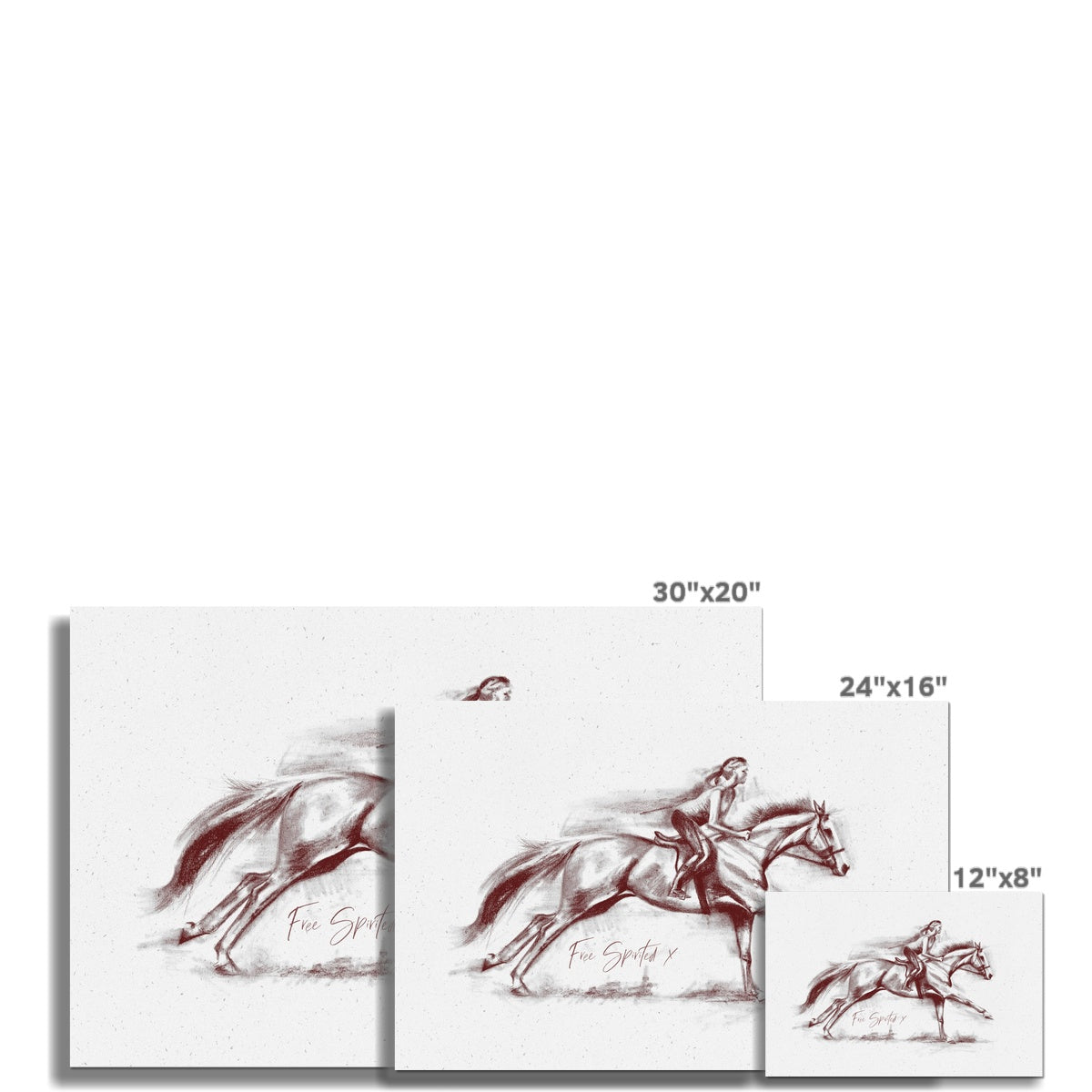 3 different sizes of  Free spirit horse and rider galloping