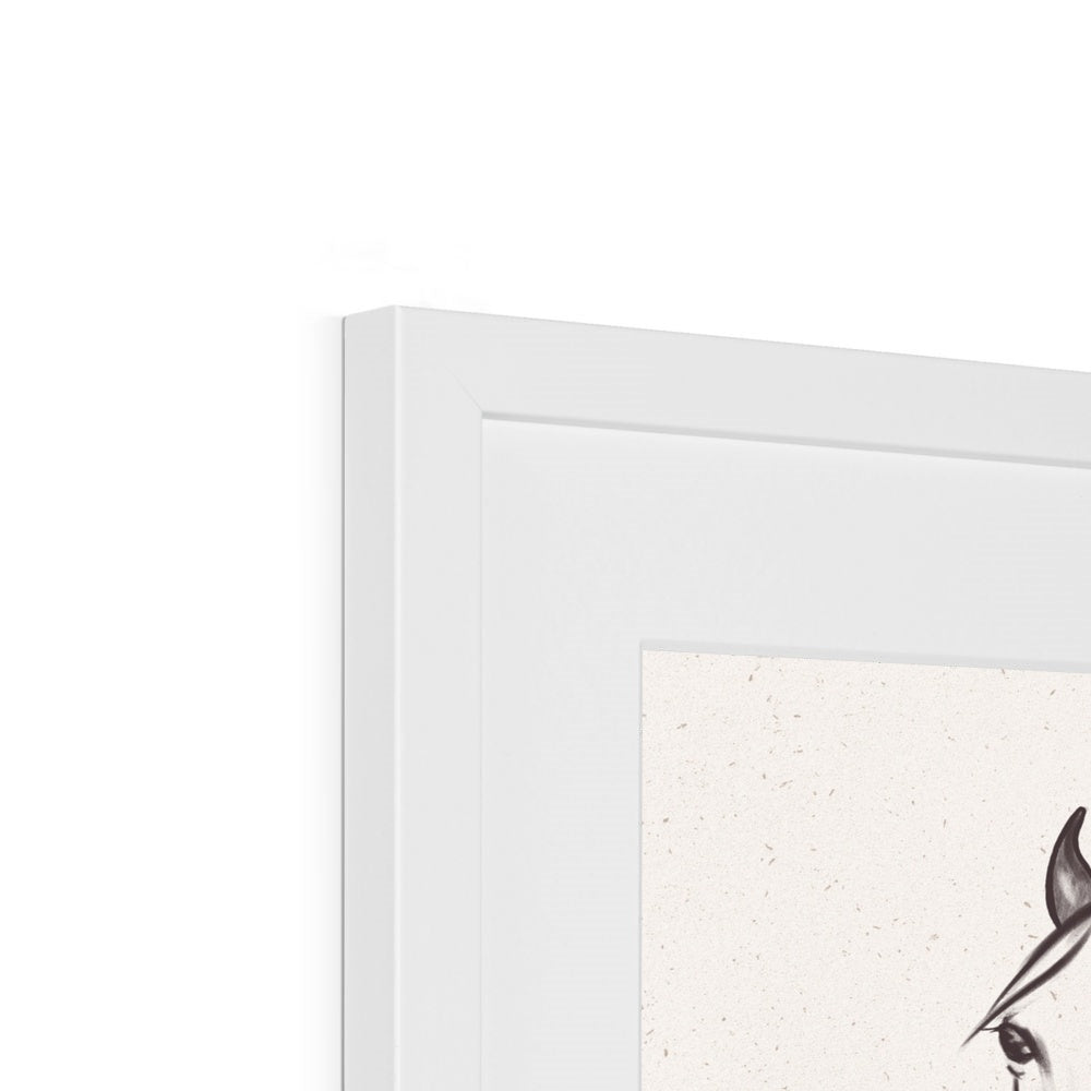 corner of Line drawing of woman and horse, simplistic artwork, frame and mounted with white frame