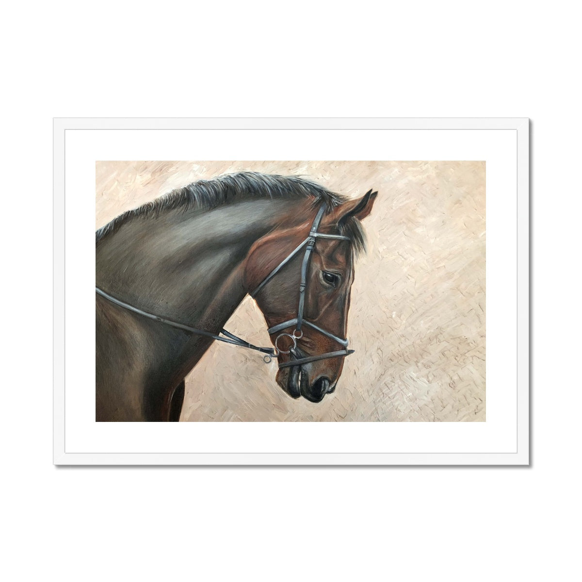 Bay horse head with bridle painting framed & mounted with white frame