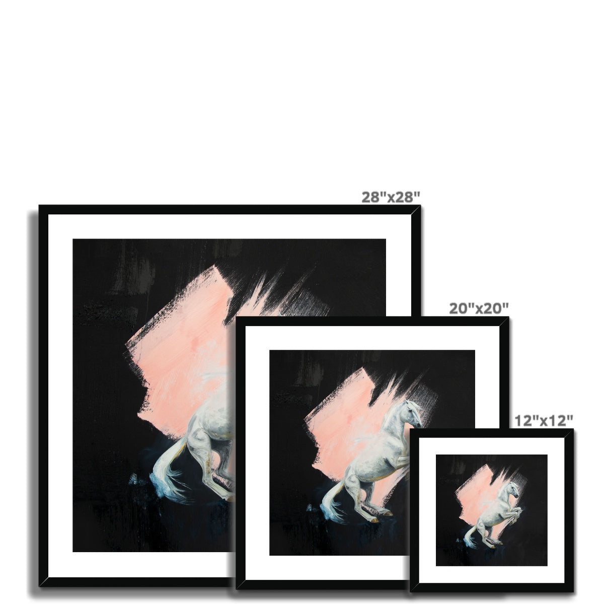 3 different sizes of Beautiful rearing white horse with pink splash against a black background, framed and mounted print with a black frame