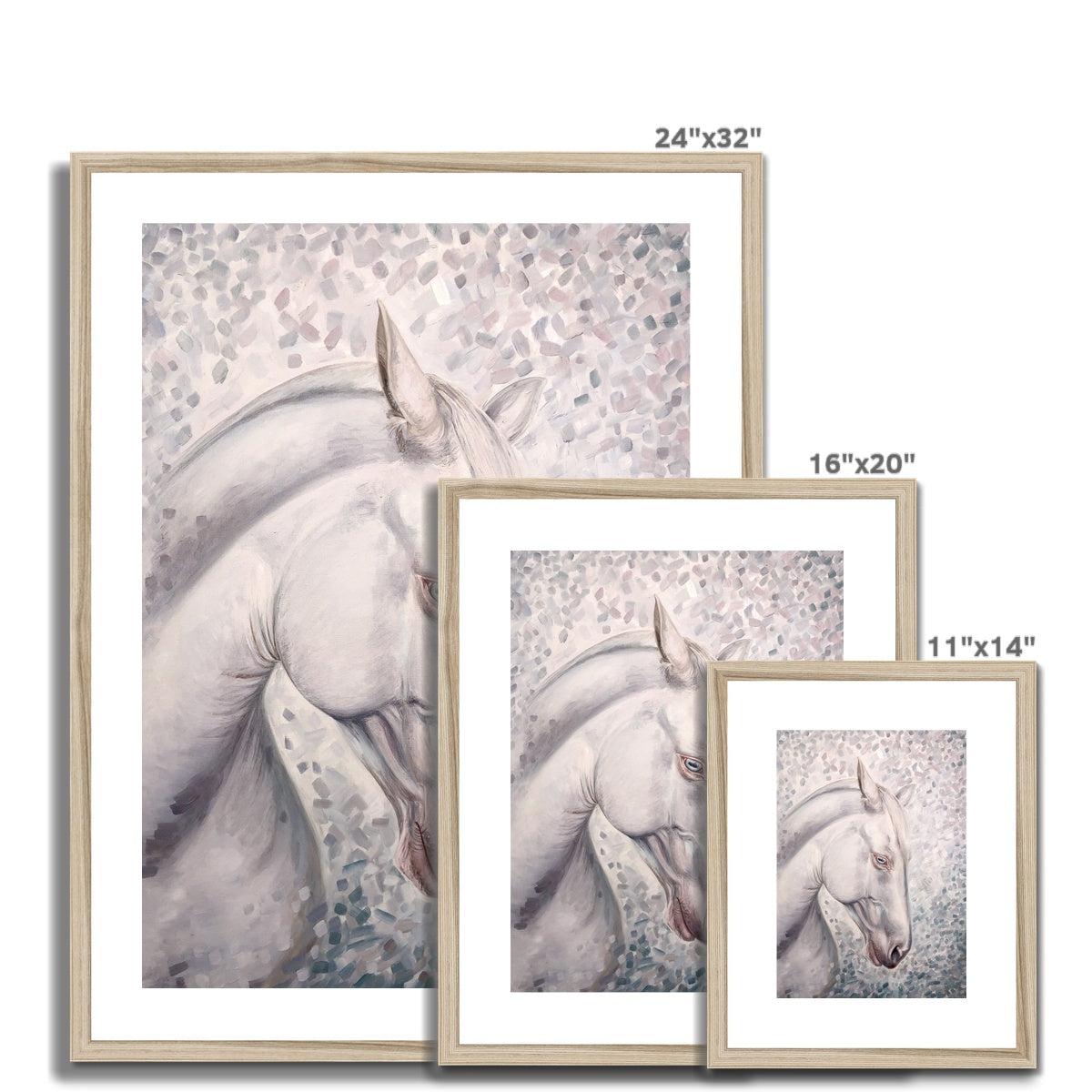 3 sizes of White horse head portrait oil painting framed and mounted with wood look frame