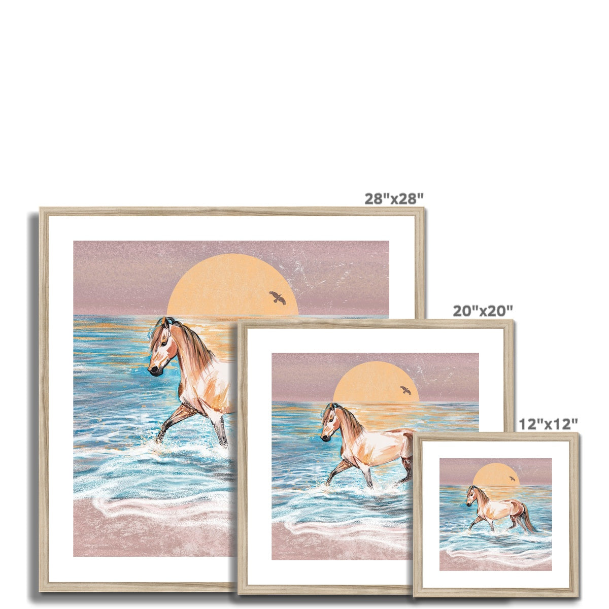 3 different sizes of Watercolour painting of horse at sunrise in the sea framed and mounted print with wood look frame