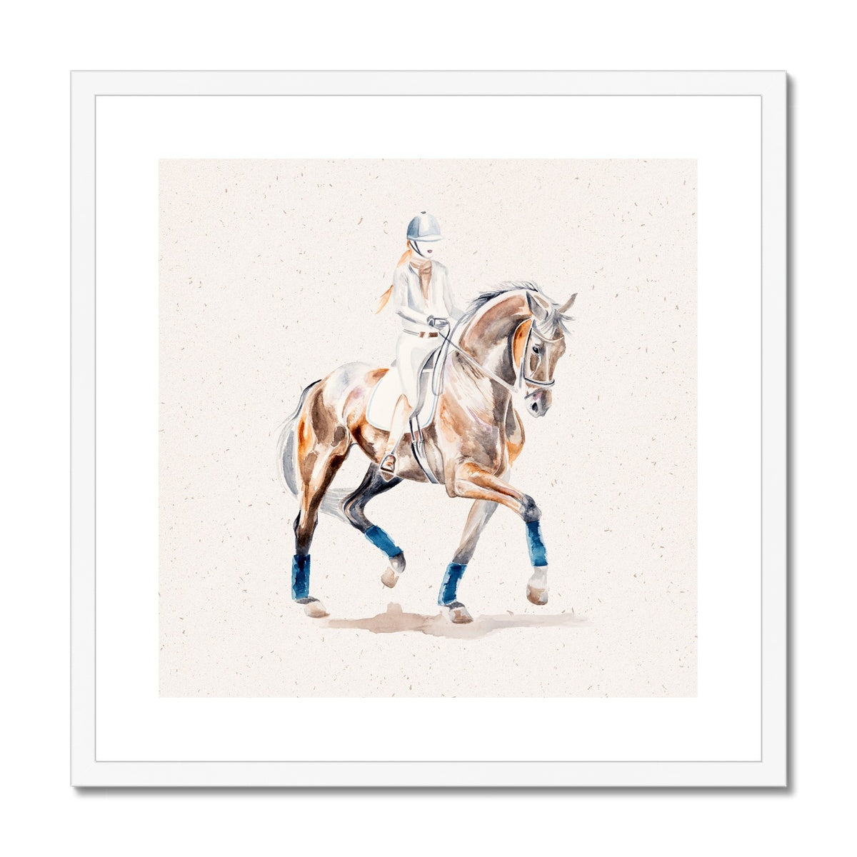 Dressage horse trotting painting, framed & mounted with a white frame