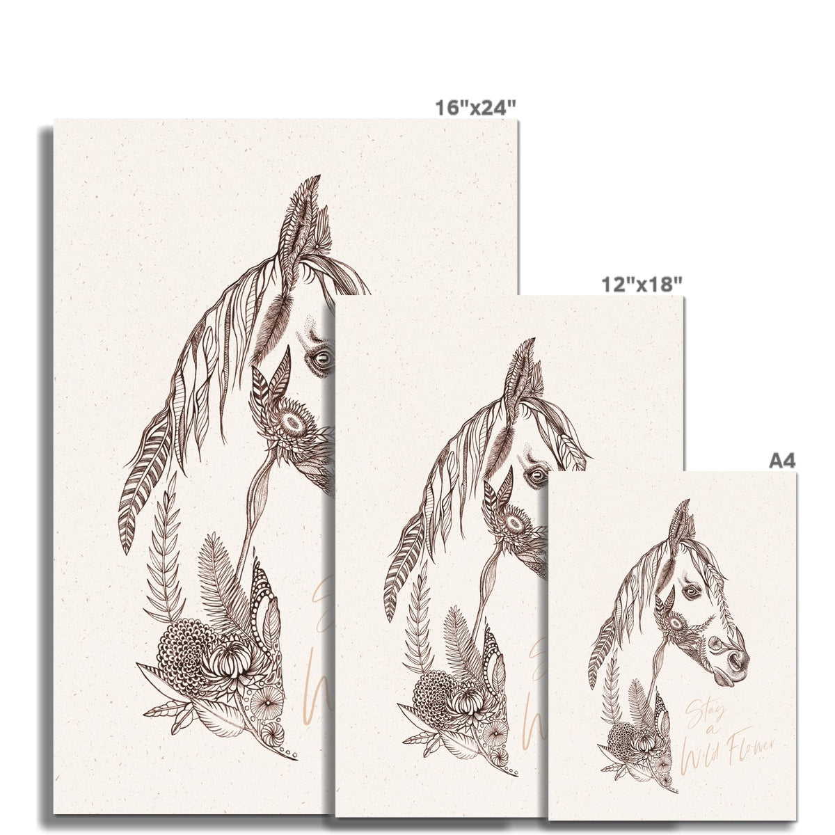 3 different sizes of print of horse head using floral sketches, 'Stay a wild flower'