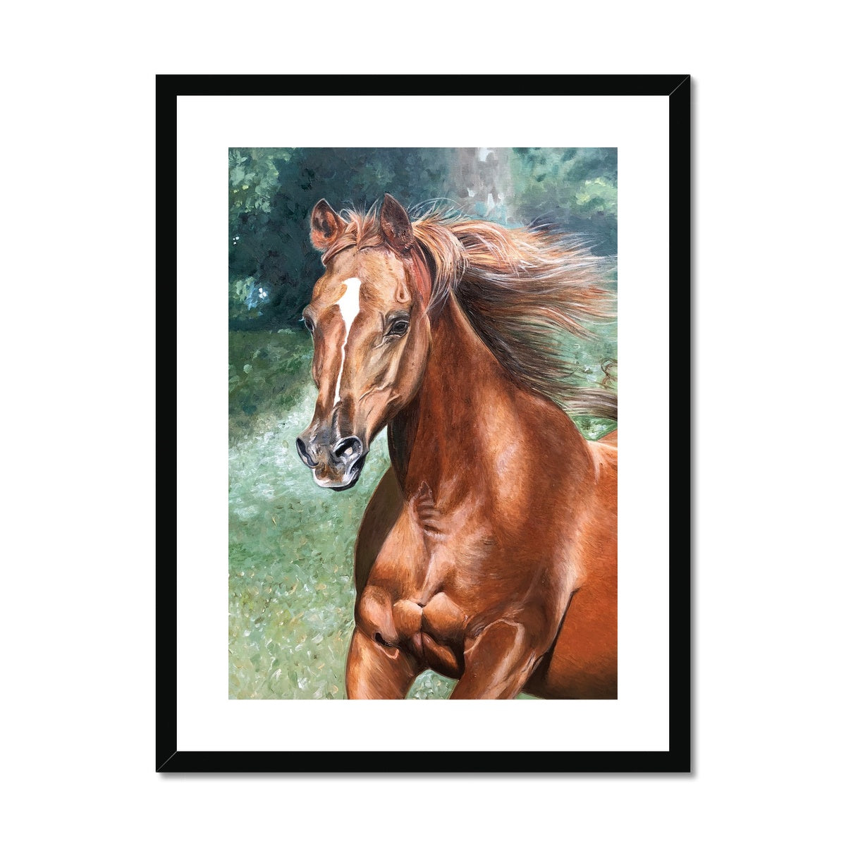 Arabian horse painting framed & mounted print with white boarder and black frame