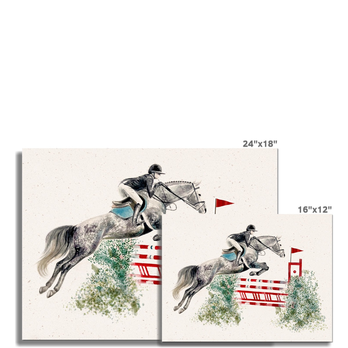 two different sizes of Showjumper with grey horse jumping red and white fence with bushes either side, watercolour painting print