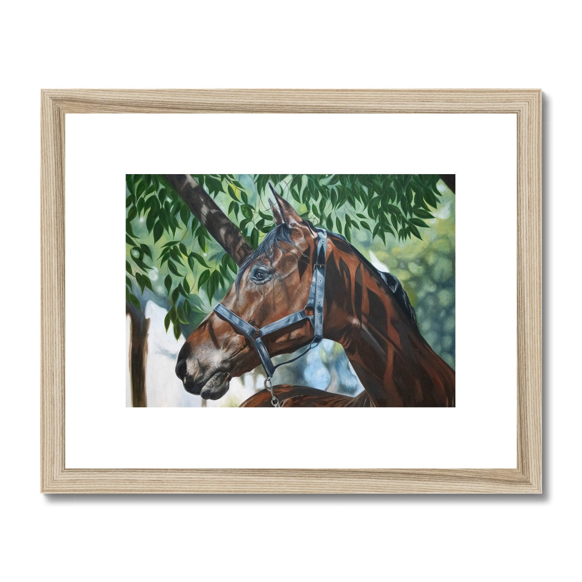 Bay horse painting under a tree, framed and mounted detailed print with wood look frame