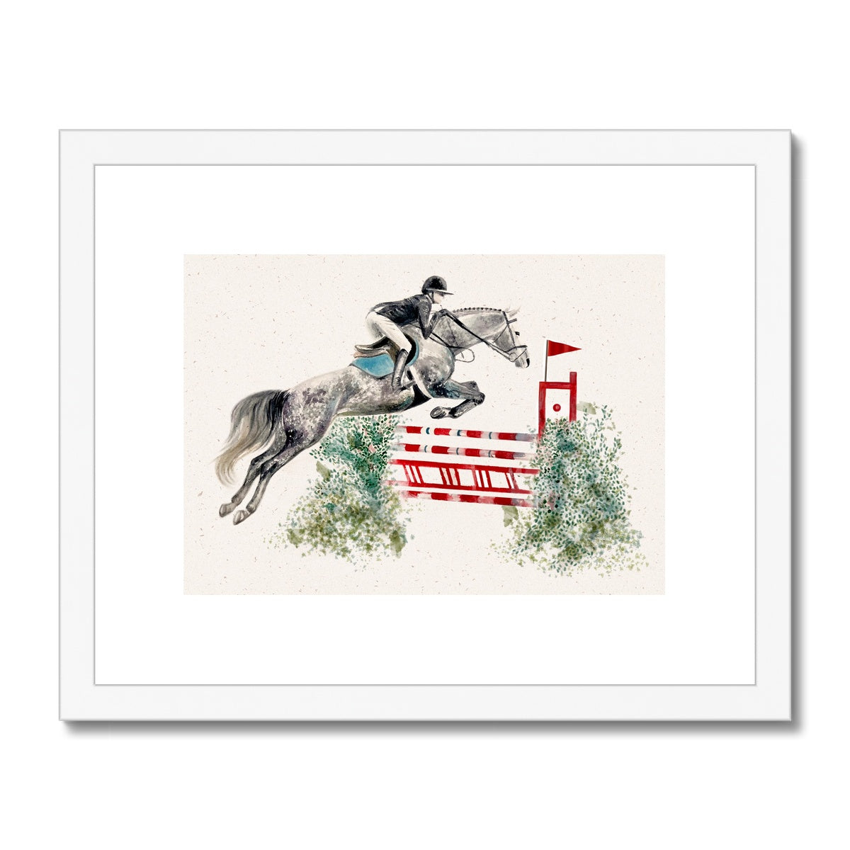 Showjumper with grey horse jumping red and white fence with bushes either side, watercolour painting framed and mounted print with white frame