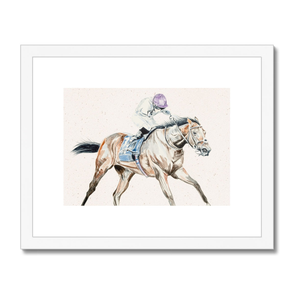 Racehorse in race with jockey watercolour painting framed and mounted print with white frame